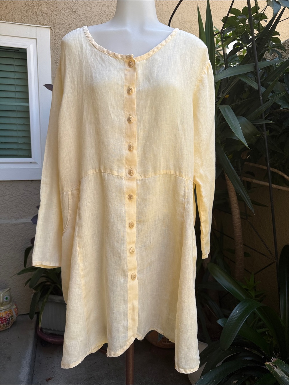 Vintage Flax Light Yellow Linen Oversized Shirt with Pockets